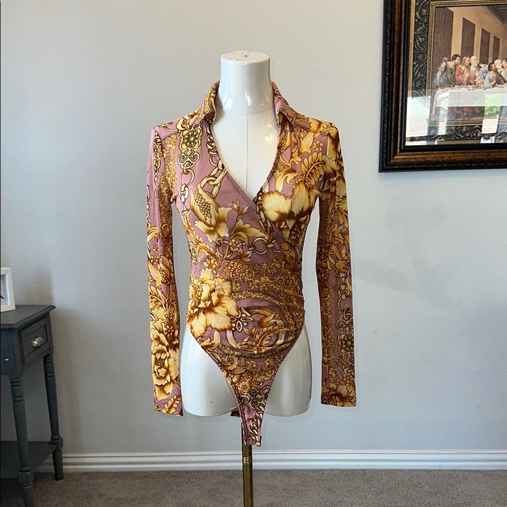 Floral Long Sleeve Bodysuit - Pink and Gold